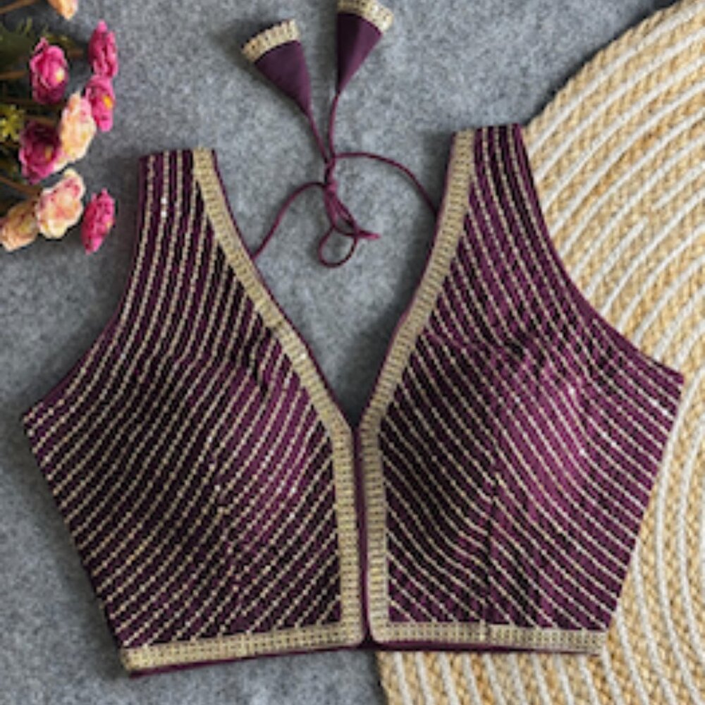 Stylish Maroon V-Neck Saree Blouse with Gold Trim